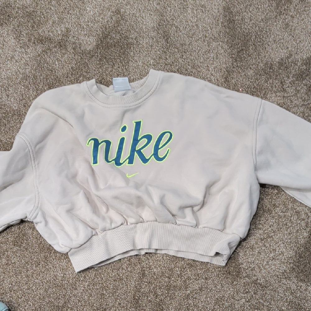 Nike Beige Crop Top With Florescent Green/Blue Nike Logo